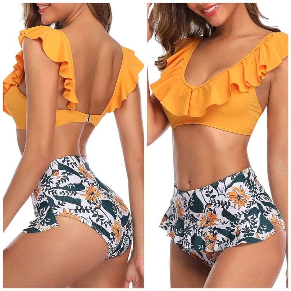 Tempt Me High Waisted Retro Halter Ruched Print Bikini Set sz M